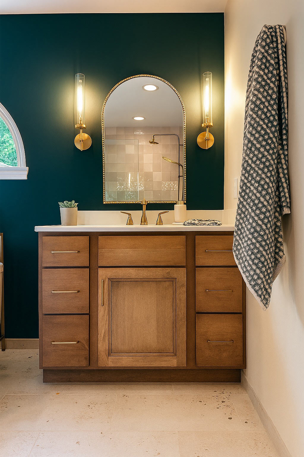 Warm Transitional Primary Bathroom Pewaukee Wisconsin