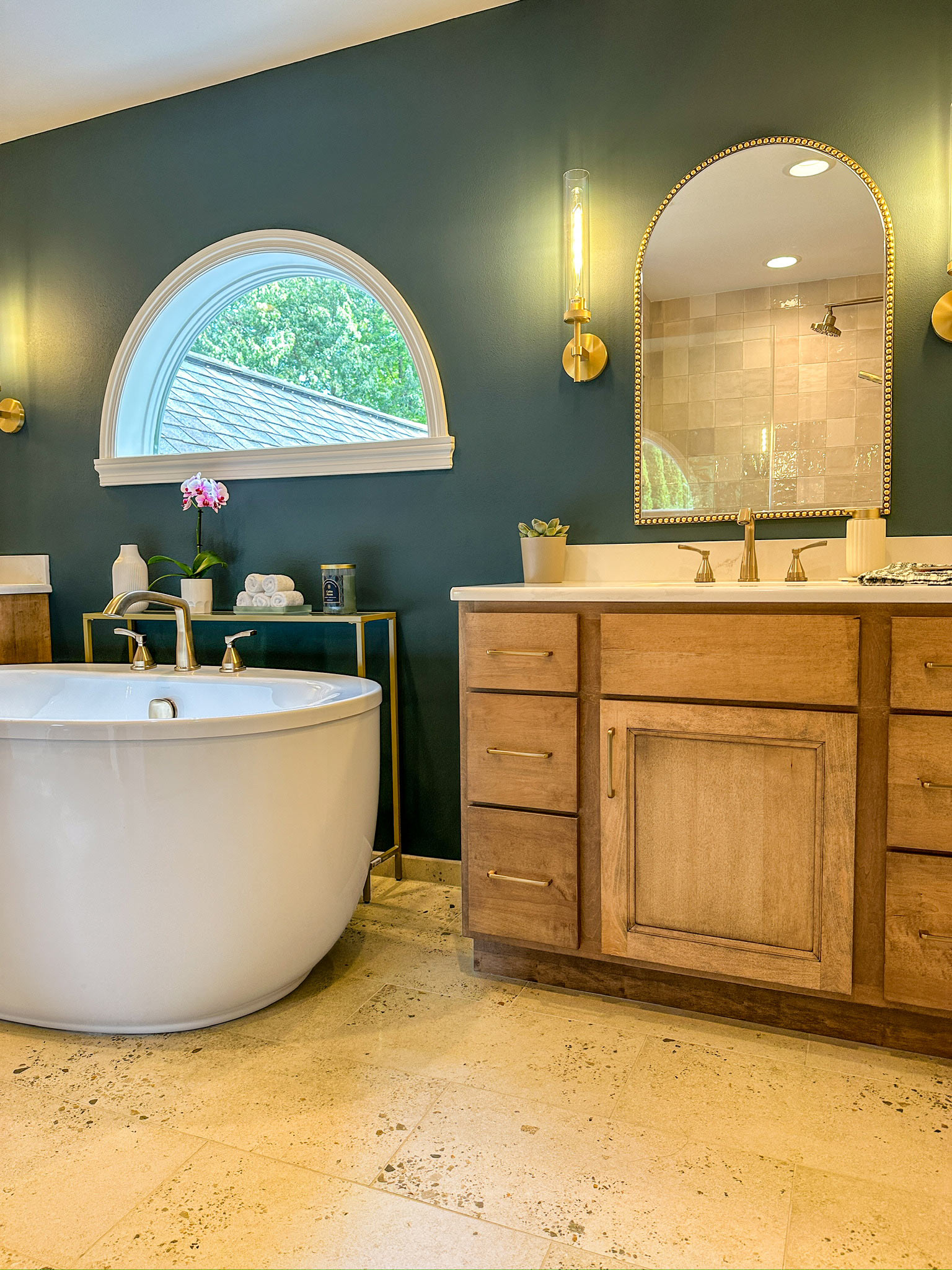 Warm Transitional Primary Bathroom Pewaukee Wisconsin