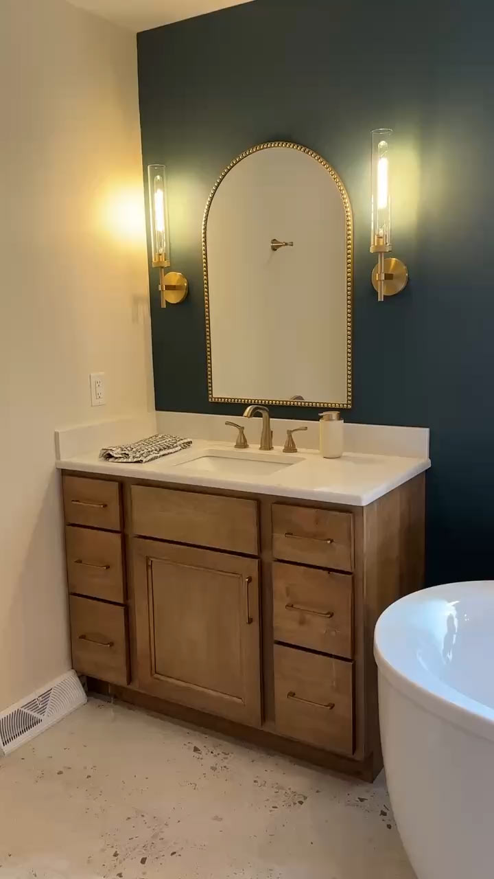 Warm Transitional Primary Bathroom Pewaukee Wisconsin
