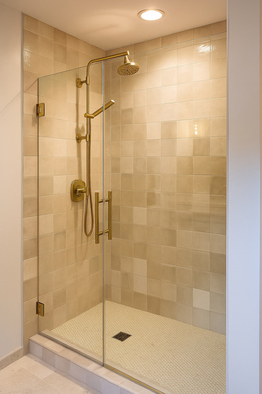 Warm Transitional Primary Bathroom Pewaukee Wisconsin