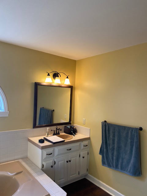 Warm Transitional Primary Bathroom Pewaukee Wisconsin Before