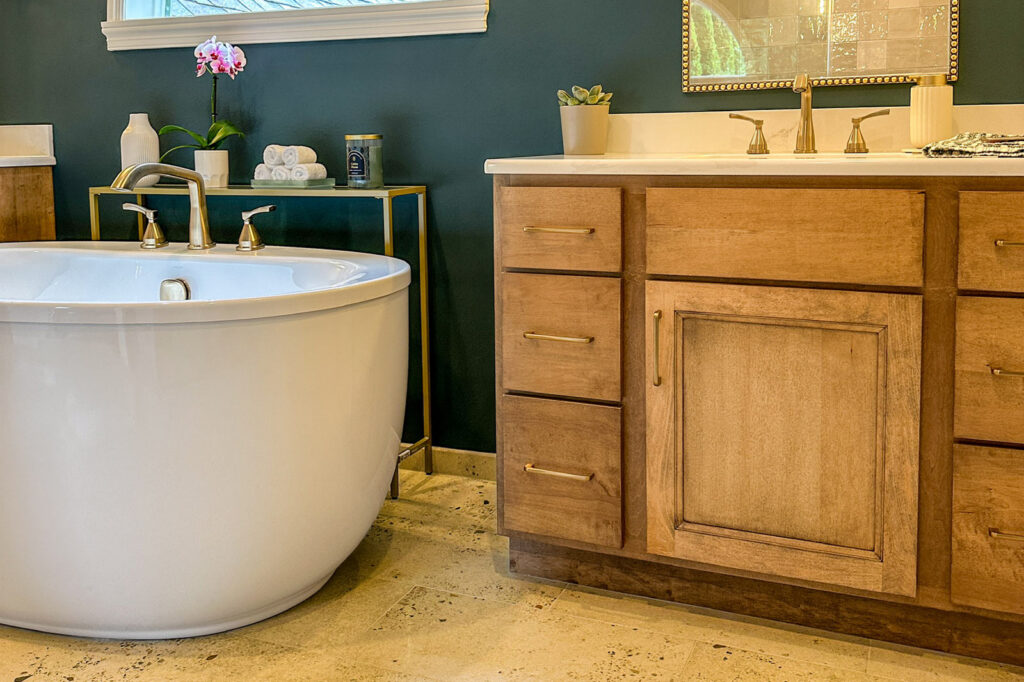 Warm Transitional Primary Bathroom Pewaukee Wisconsin